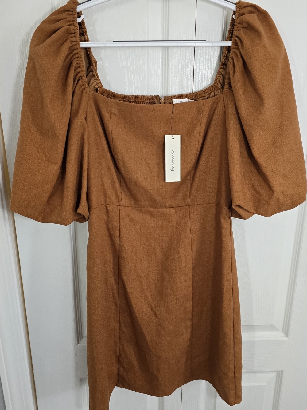 Francesca's Collections Rust Brown Puff-Sleeve Square-Neck Mini Dress